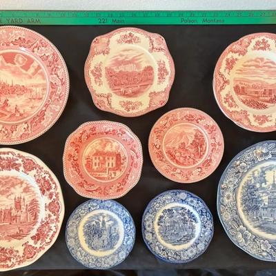 Lot Of 10 Assorted Red And Blue Ceramic/Ironstone Transferware Plates & Bowls, Made In England