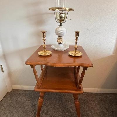 Tiered Maple Nightstand With Vintage Solid Brass Candlesticks And Milk Glass Hobnail Lamp