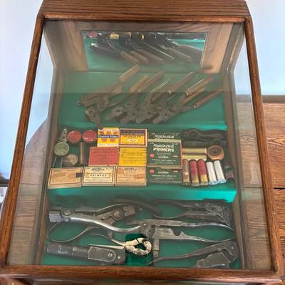 Large Lot Of Bullet Making And Reloading Tools Featuring Winchester And Vintage Ammo In Display Case