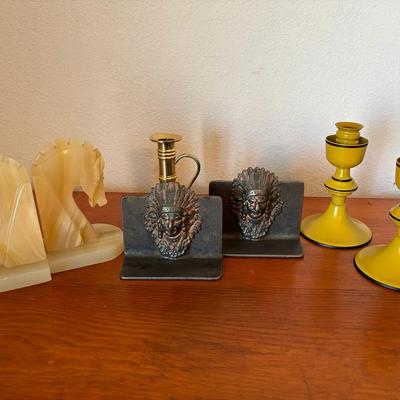 Art Deco Yellow Candlesticks, Brass Candlestick, Onyx Horse And Cast Iron Native American Bookends