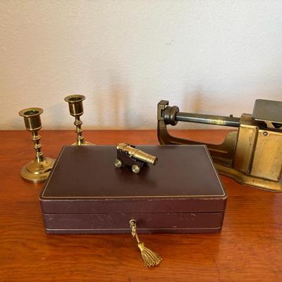 Vintage Brass Triner Postal Scale, Leather Box With Key, Tiny Cannon And Brass Candlesticks