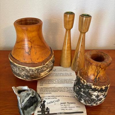 Lathecraft Vases By Joseph Thompson, The House Of Myrtlewood Candlesticks And Abstract Pottery