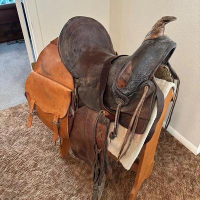 Vintage Leather Saddle, Saddle Bag & Saddle Stand