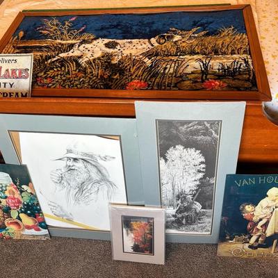 7 Pieces Of Vintage Art/Decor Incl. Metal Signs & Framed Hunting Dog Textile