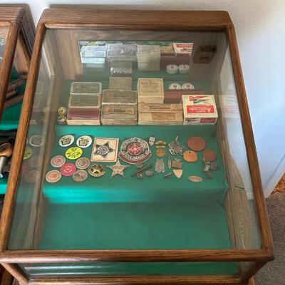 Glass Display Case Full Of Vintage Ammo And Pins/Tokens