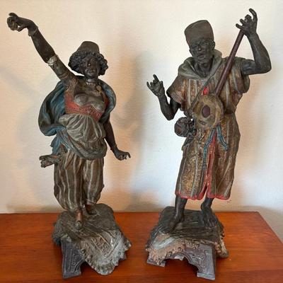 Pair Of Antique Spelter Orientalist Statues Depicting Dancer And Musician
