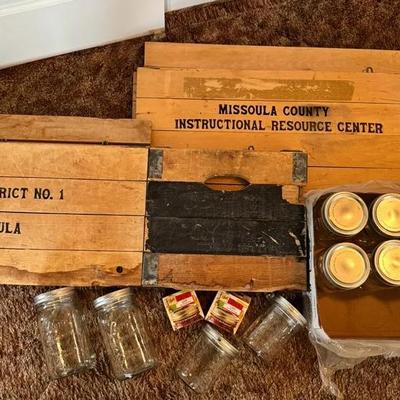 Two Vintage Wooden Crates And 13 Kerr Mason Jars
