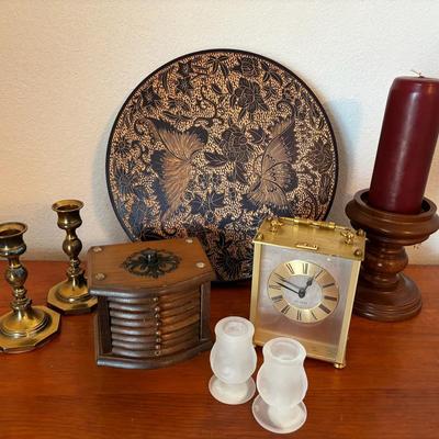 Carved Wooden Art, Wooden Candlestick, Carolina Brass Candlesticks, 8 Wooden Coasters, Vintage Clock