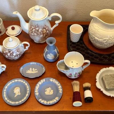 Lot Of Vintage Cottagecore Kitchen & Bathroom Items - Tea Set, Trinket Dishes, Pitcher, Brushes