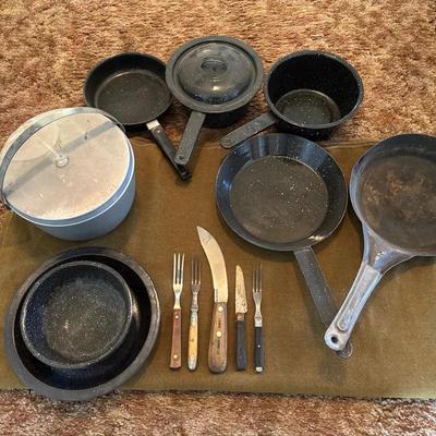 Wool Blanket, Camping Cookware And Vintage Cutlery