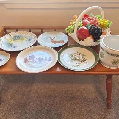 Vintage Wood Coffee Table w/ Milkglass Basket & Hand Painted Decorative Plates