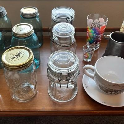 Lot Of Mason Jars, Woodstock Commemorative Glass, Ceramic Stein & More. 16 Items.