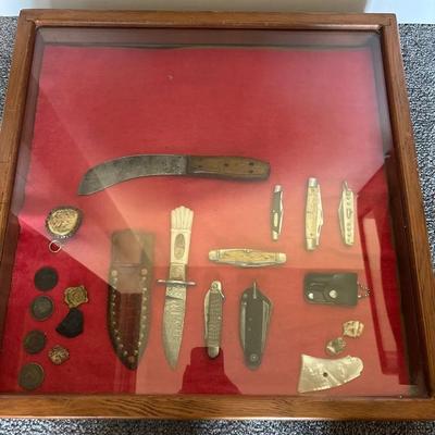 Vintage Knives, Coins, Trinkets & Glass Case