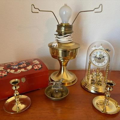 Brass Lamp, Brass Candlesticks, Hand Painted Wooden Box, ConCordIa Clock And Brass Dog Ashtray
