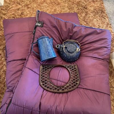 Slumberjack Sleeping Bag With Camp Coffee Pot, Cast Iron Kettle And Cast Iron Top Vent Cover