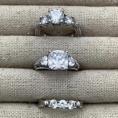 Three Sterling Silver And Cubic Zirconia Rings - Size 6