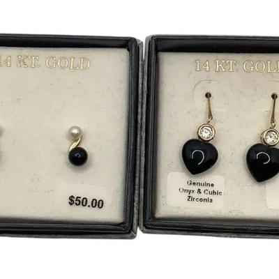 14K Gold And Onyx Earrings- 2 Pairs 