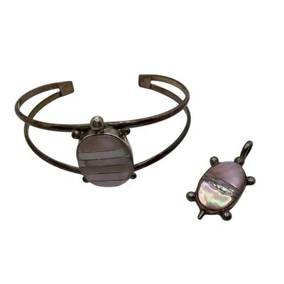 Latone And Bradley Sterling Silver And Mother Of Pearl Turtle Bracelet And Pendant 