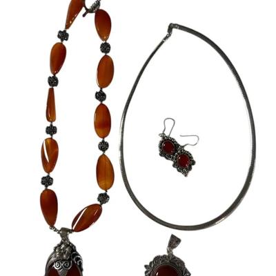 All Sterling 1 Necklace, Banded Carnelian Pendant Necklace, Earrings and Pendant