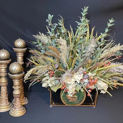 Floral Decor And Set Of Three Candleholders