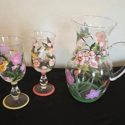 Vintage Hand Painted Drink Pitcher & Two Goblets