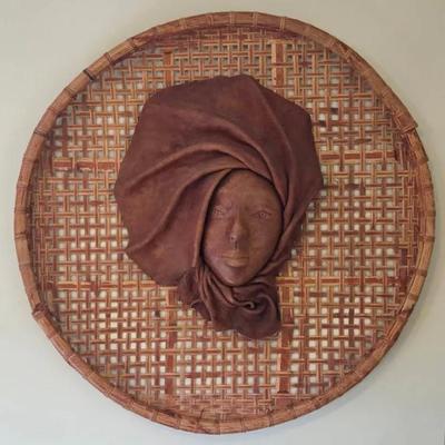 Vintage African Tribal Handmade Wall Leather Sculpture Mounted On Woven Wicker Tray