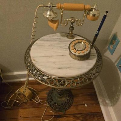Vintage Mid Century Modern Marble And Ornate Brass Telephone Table