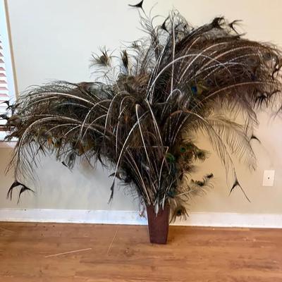 Genuine Hand Collected Peacock Feathers In Decorative Vase