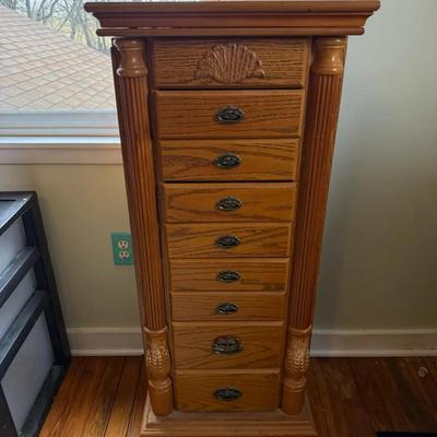 Wood Jewelry Cabinet With 8 Drawers Top and Sides Open