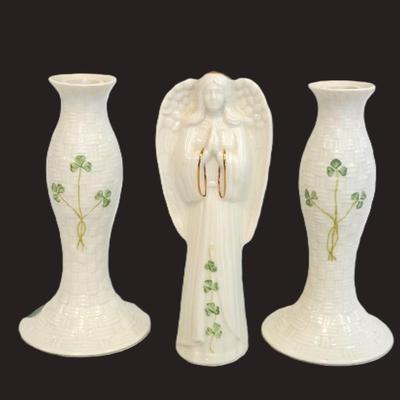 Belleek Irish Porcelain Shamrock Candlesticks and Angel Figurine