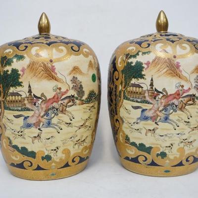 PAIR LARGE CHINESE EXPORT EUROPEAN HUNT SCENE GINGER JARS
