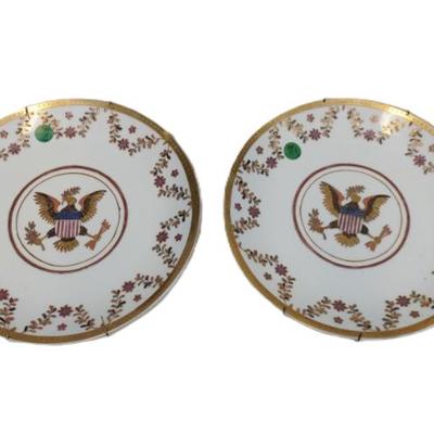 PAIR CHINESE EXPORT AMERICAN EAGLE ENAMELED PORCELAIN PLATES
