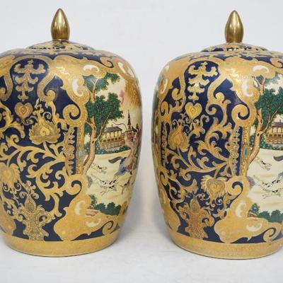PAIR LARGE CHINESE EXPORT EUROPEAN HUNT SCENE GINGER JARS