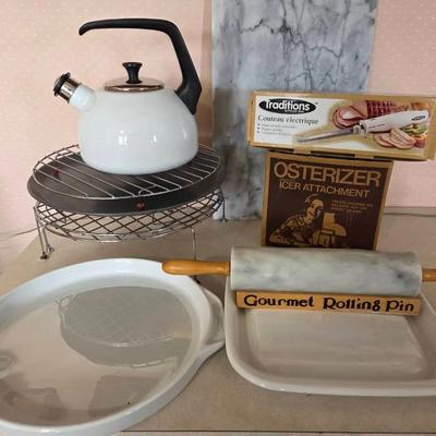 Corning Ware, Tea Pot, Cooling Racks, Solid Cutting Board, Stone Rolling Pin, Small Appliances