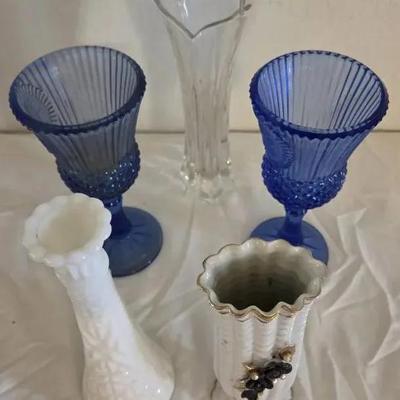 Vintage White Milk Glass with Gold Trim, Anchor Hocking Milk Glass, Avon Fostoria Cobalt Blue Goblet