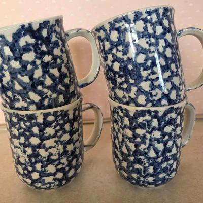 Set Of 4 Folk Craft Blue Spongeware Stoneware Coffee Mugs