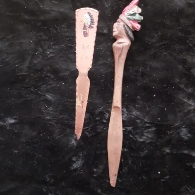 Sale Photo Thumbnail #163: LETTER OPENERS, ONE COPPER THE OTHER KAND CARVED, COPPER POSTCARD. BRASS KEY