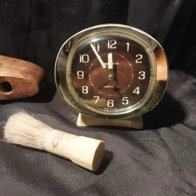 Sale Photo Thumbnail #251: VINTAGE EYEGLASSES-WIND ALARK CLOCK AND SHAVING CREAM APPLIER