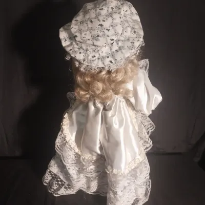 Sale Photo Thumbnail #437: MEASURES APPROX. 17" TALL IN WHITE SATIN GOWN WITHJ MATCHING BONNET AND PARASOL