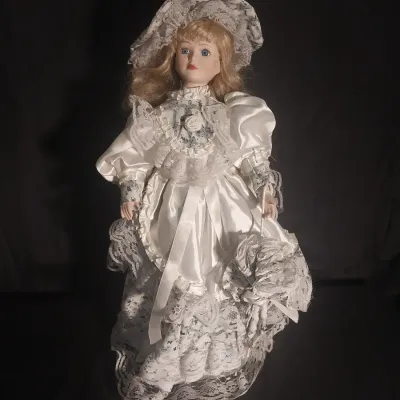 Sale Photo Thumbnail #435: MEASURES APPROX. 17" TALL IN WHITE SATIN GOWN WITHJ MATCHING BONNET AND PARASOL