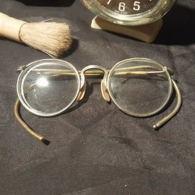 Sale Photo Thumbnail #248: VINTAGE EYEGLASSES-WIND ALARK CLOCK AND SHAVING CREAM APPLIER