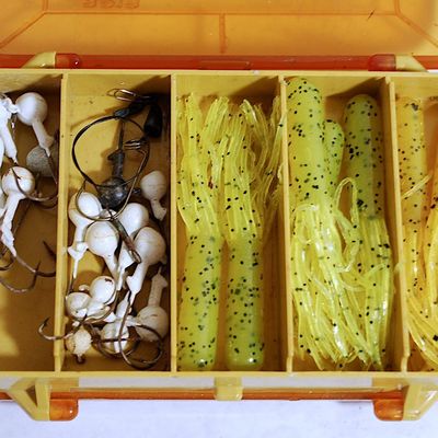 Plano Mini Magnum Tackle Box With Contents - Jig Lead Heads, Tube Lures, Hooks, Rings, Clips, & Trailer Hooks (Dan7)