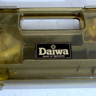 Daiwa Tackle Box & Contents 23 Brand New Yellow Bucktail Jigs (3/4 oz and Several Are 1 1/4 oz) (Jax9)