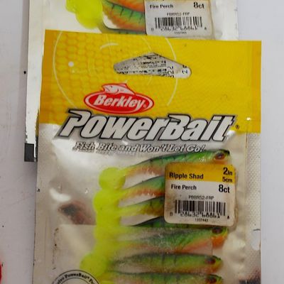 Tackle Box & Contents 6 STORM Wild Eye Curly Tail Perch Life-like Jigs & 2 Pks of 8 Berkley Power Baits Ripple Shad Fire Perch