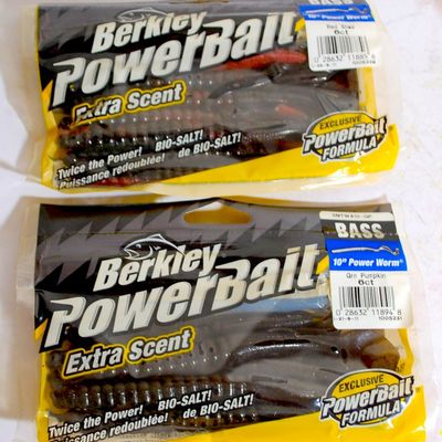 2 NEW Packages of Berkley Powerbait Plastic / Rubber Worms - 6 ct Green Pumpkin & 6 ct Red Shad (Bbc8)