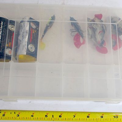 Tackle Box & Contents 6 STORM Wild Eye Curly Tail Perch Life-like Jigs & 2 Pks of 8 Berkley Power Baits Ripple Shad Fire Perch