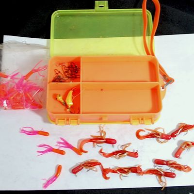 Lot of Tiny Tubi and Grub Jigs & Jigheads in 2-Sided Tackle Box ALL FOR 1 MONEY (Cce45)