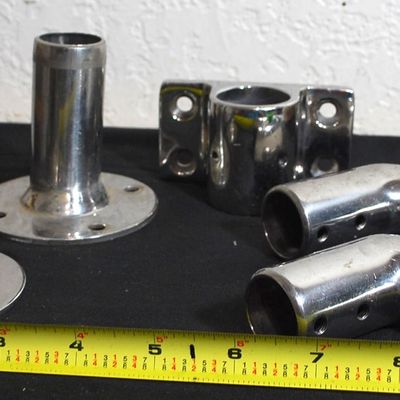 Lot of Stainless Steel Bow Rail / Railing / Pulpit / Bimini Top Boat Fittings & Parts. (Tya9)
