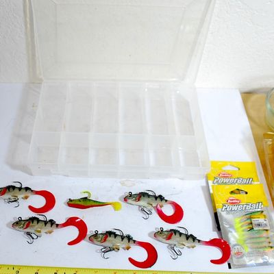 Tackle Box & Contents 6 STORM Wild Eye Curly Tail Perch Life-like Jigs & 2 Pks of 8 Berkley Power Baits Ripple Shad Fire Perch