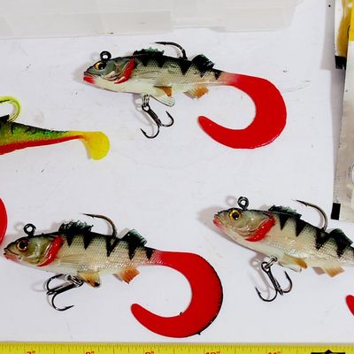 Tackle Box & Contents 6 STORM Wild Eye Curly Tail Perch Life-like Jigs & 2 Pks of 8 Berkley Power Baits Ripple Shad Fire Perch